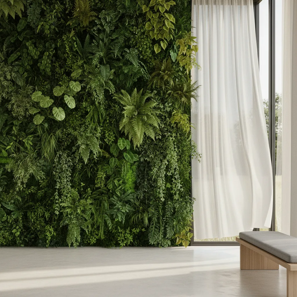 indoor living wall with balanced daylight and airflow from nearby windows