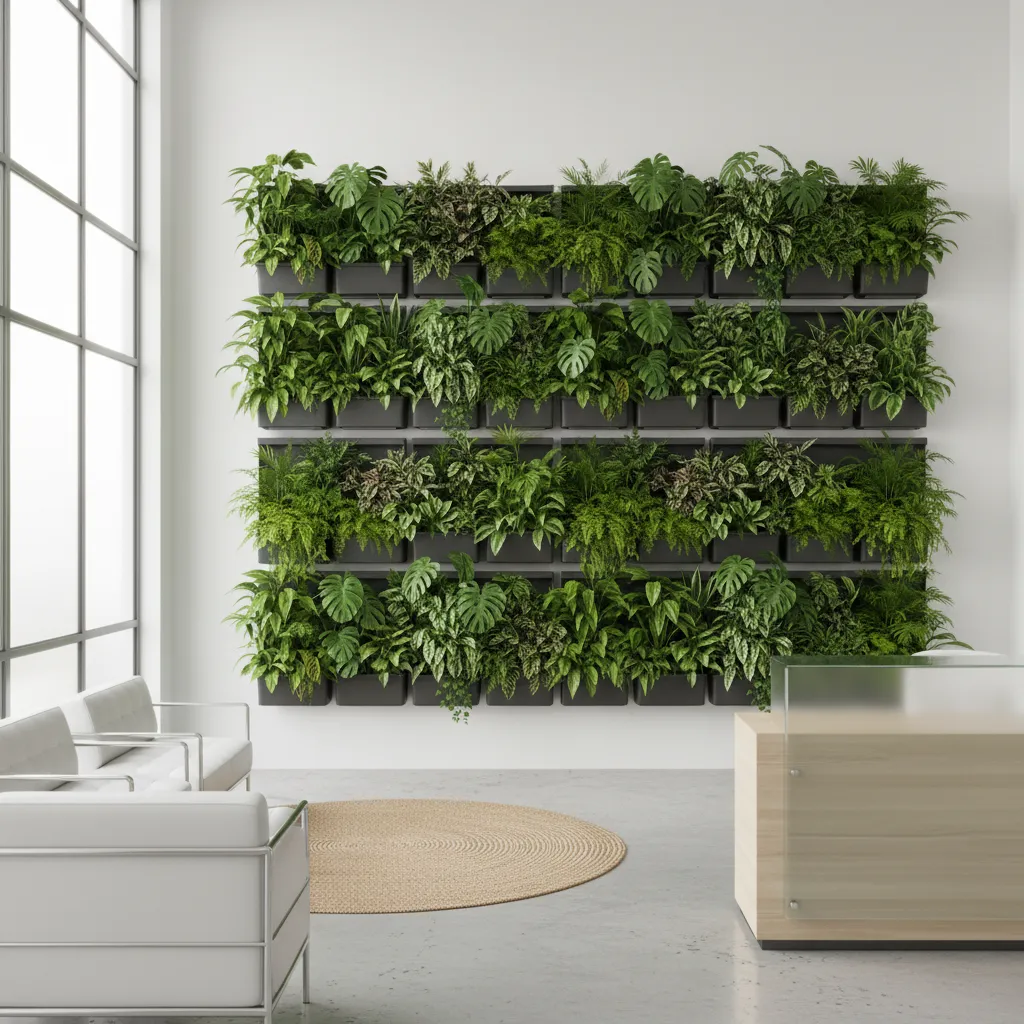 large indoor vertical garden wall with diverse green plants in modular panels