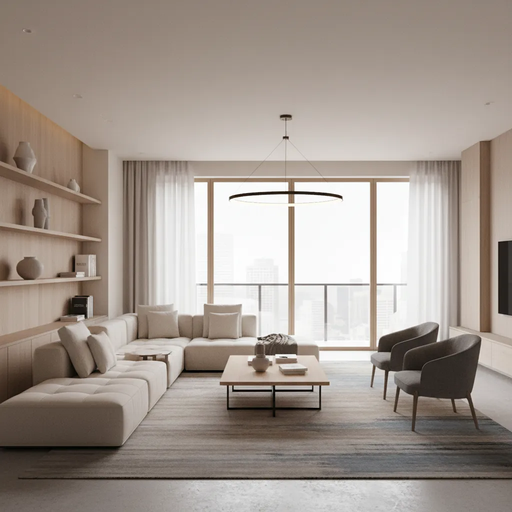 Modern living room with beige sofa grey chairs wooden table city view and ceiling light