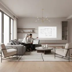 People sitting on a sofa looking at a floor plan projection and a tablet screen