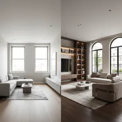 Before and after comparison of simple living room versus luxury interior design with arched windows