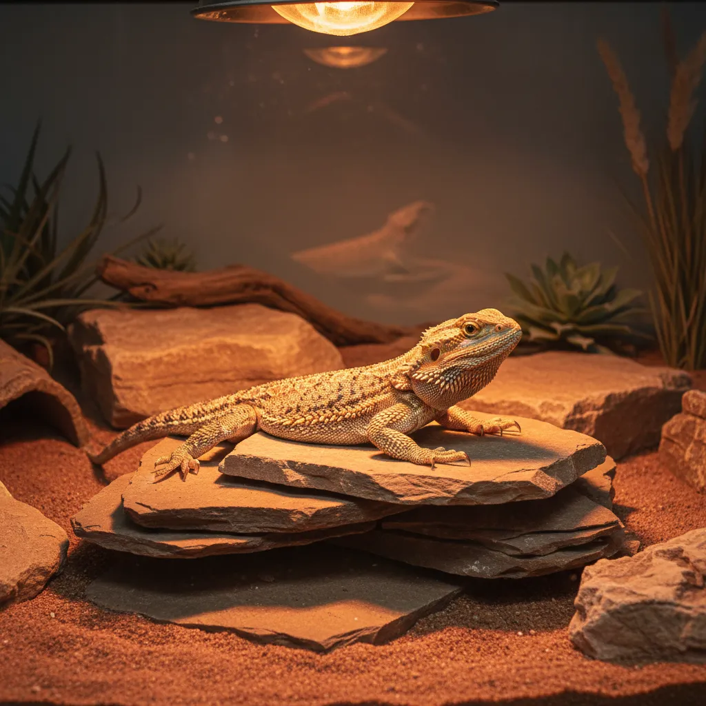 Bearded dragon basking under a heat lamp inside a terrarium
