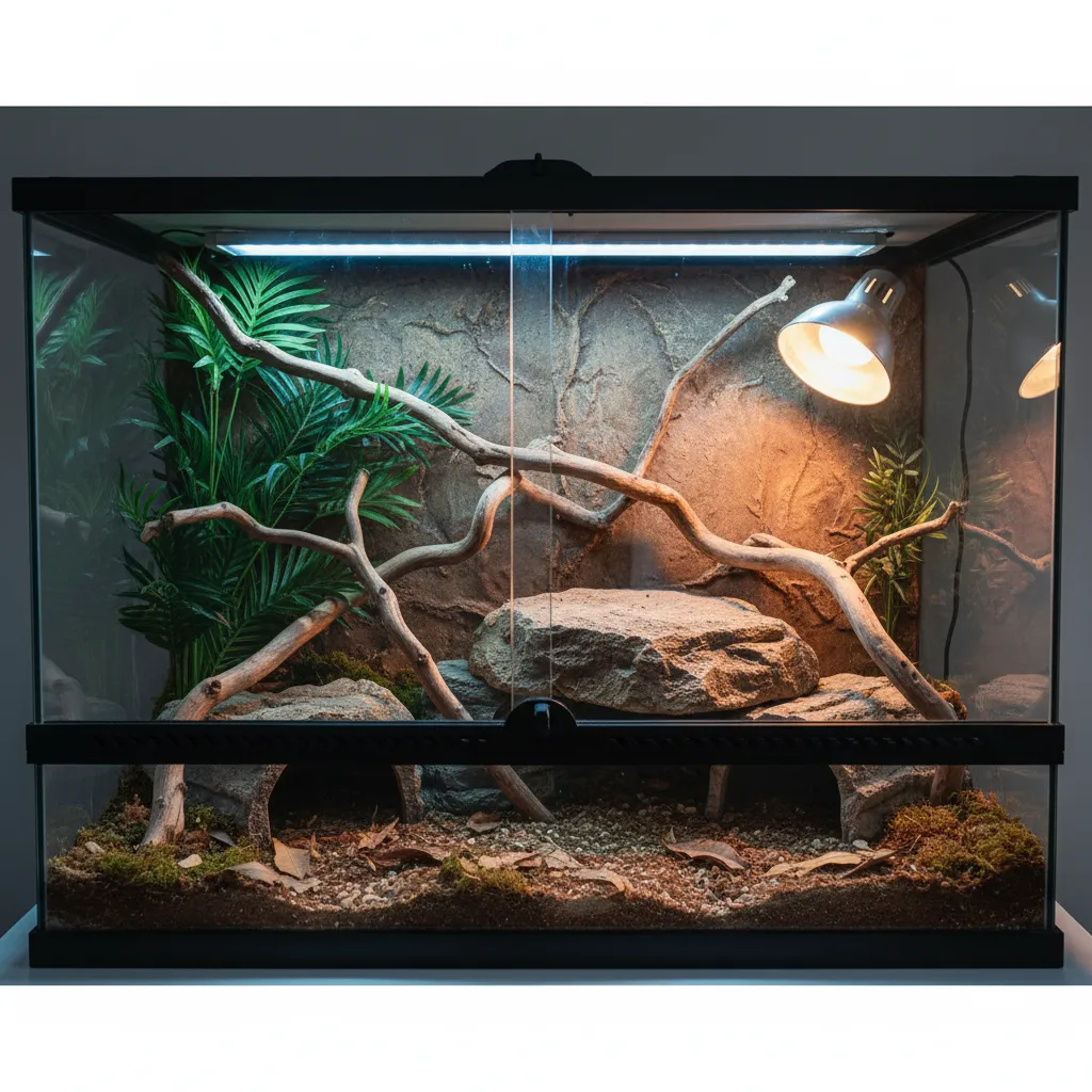 modern reptile terrarium with UVB lighting and basking area for pet lizard