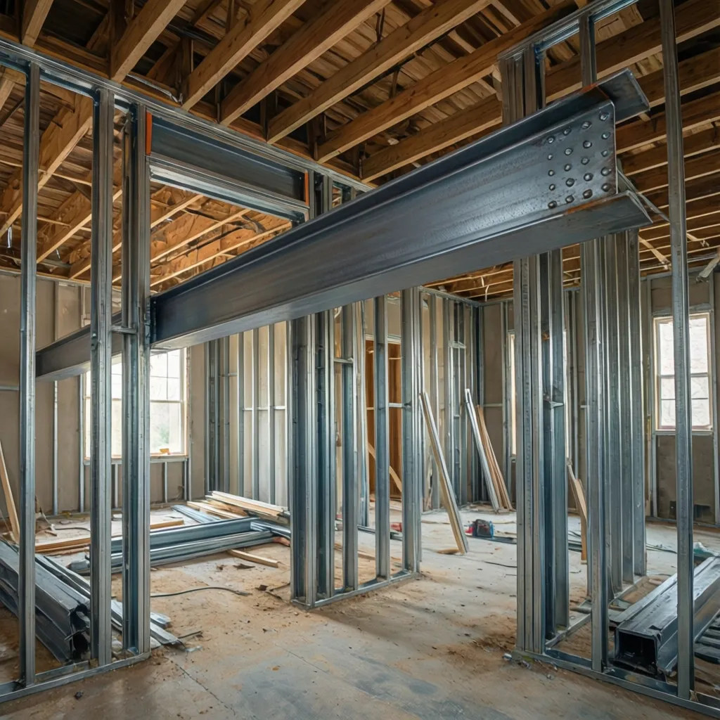 Steel support beam installed where load bearing wall was removed