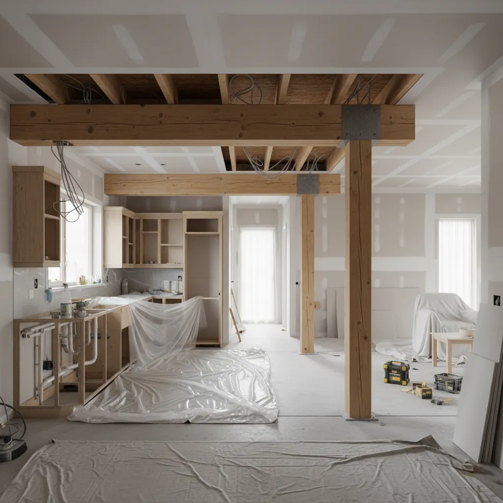Structural beam replacing load bearing wall between kitchen and living room