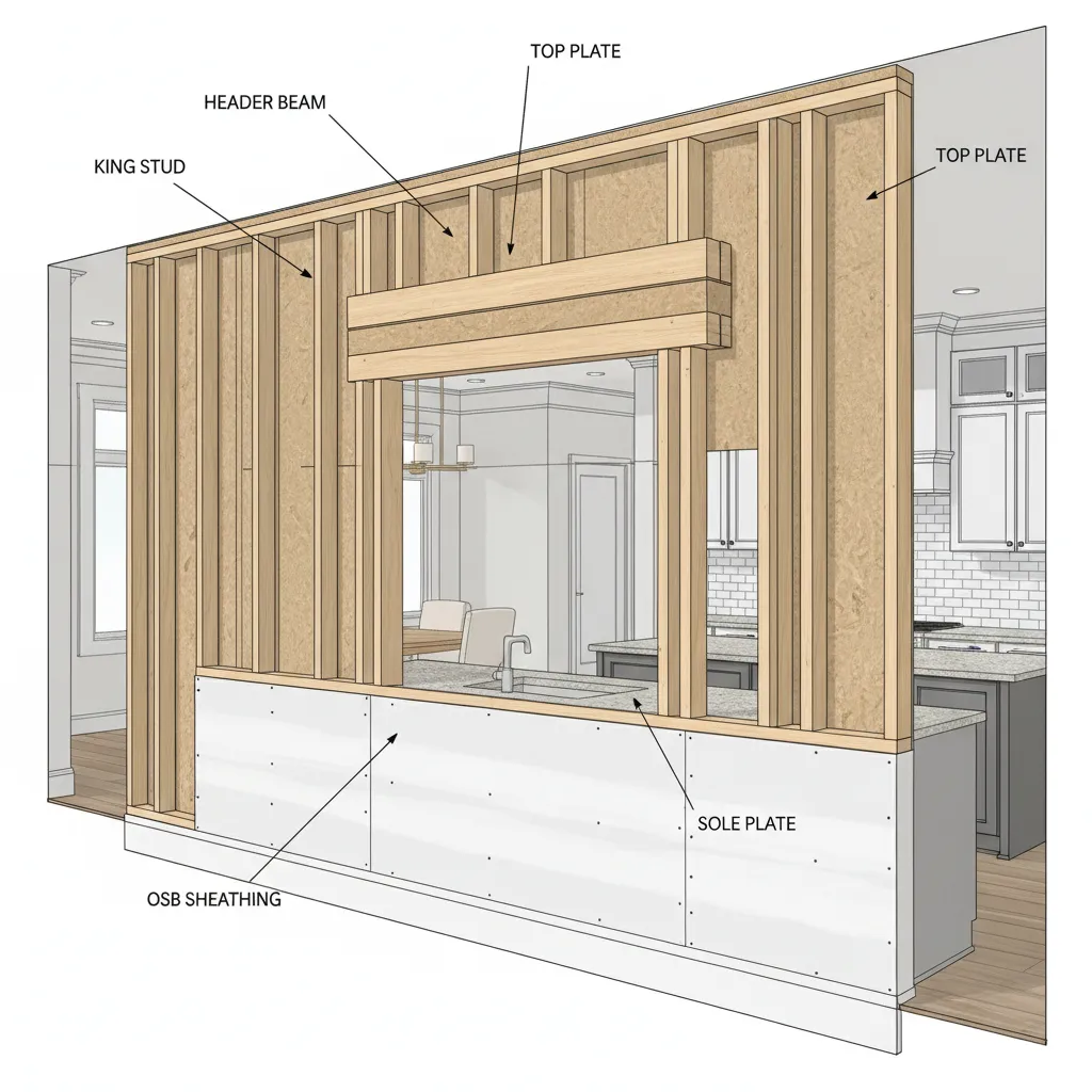 Interior design drawing of wood wall frame showing labels for support beams and white sections