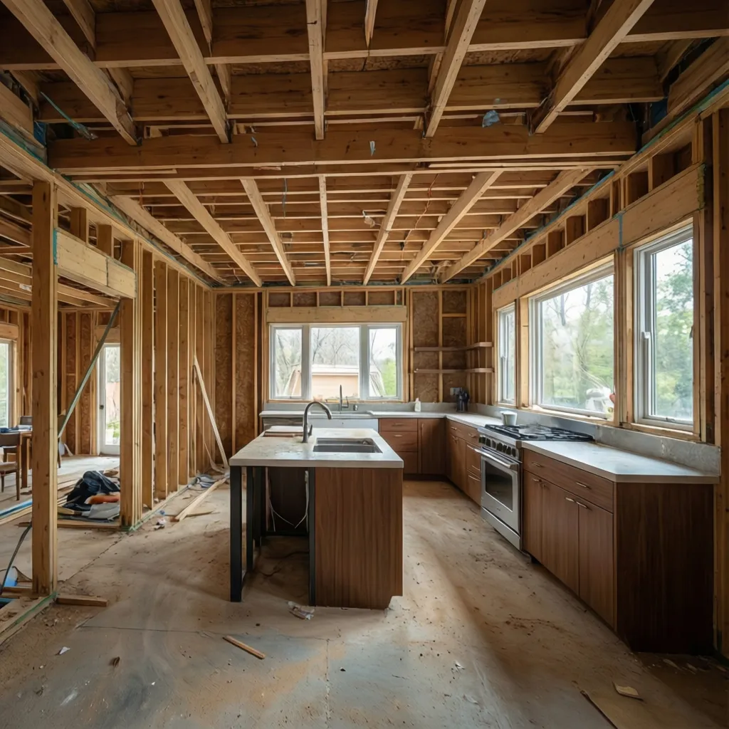 Structural beam installed after removing load bearing wall in kitchen remodel