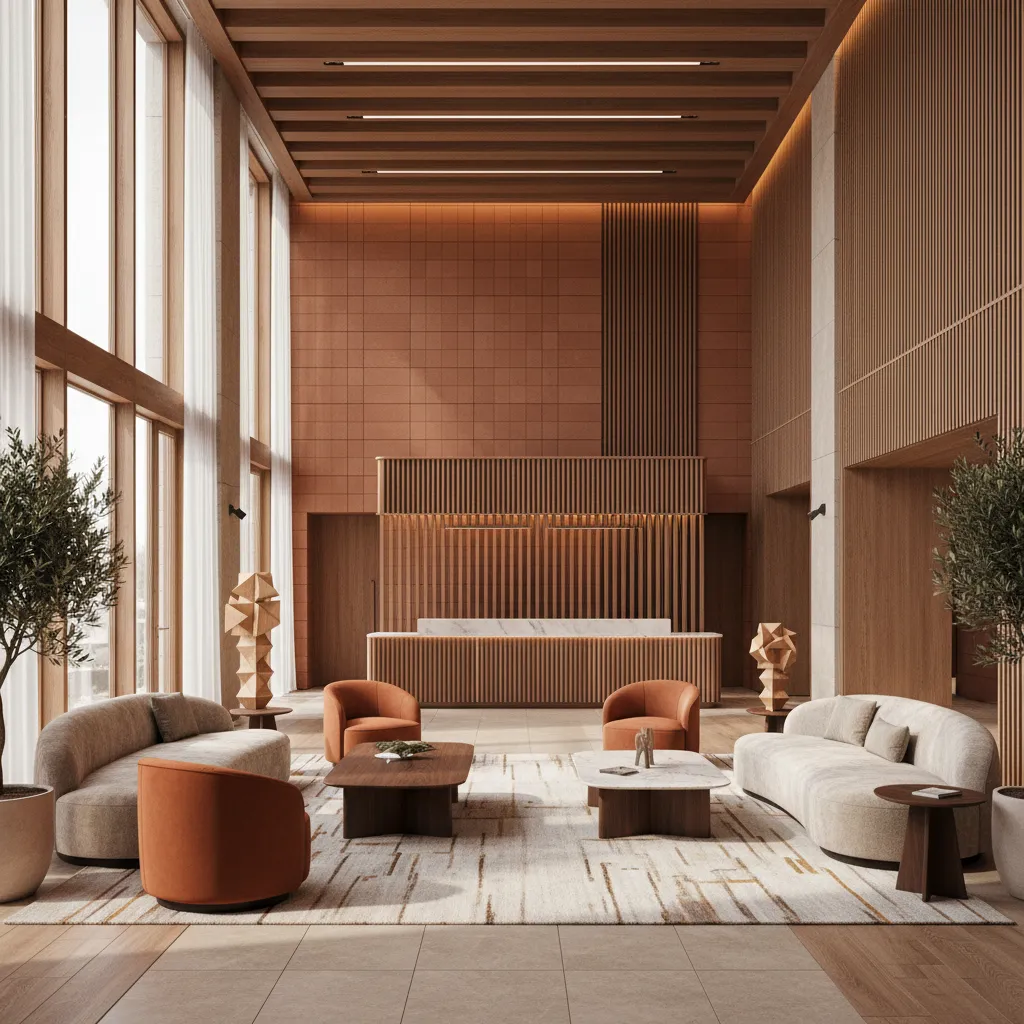 Lobby moderno con paleta de colores cálidos y madera natural