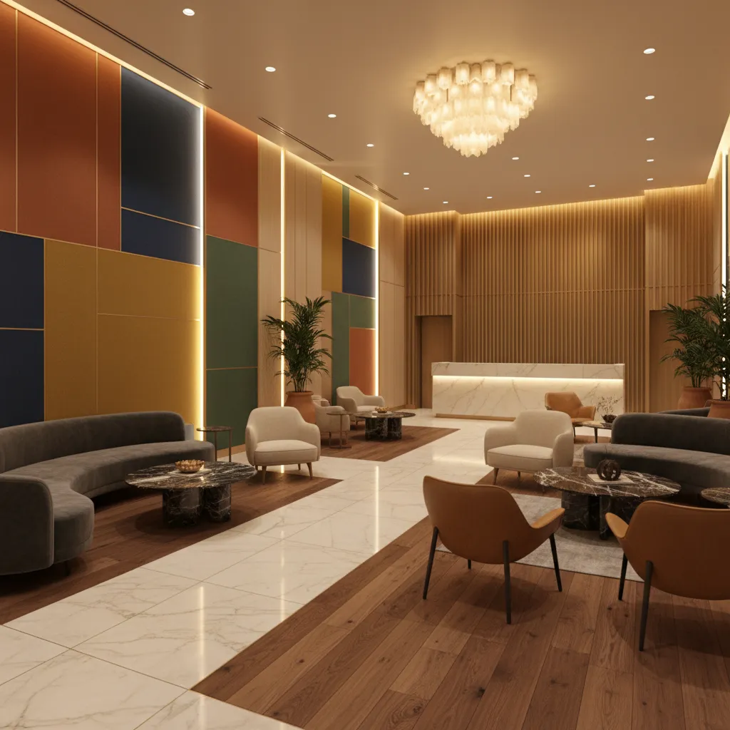 Lobby mostrando cómo la iluminación cálida cambia la percepción del color