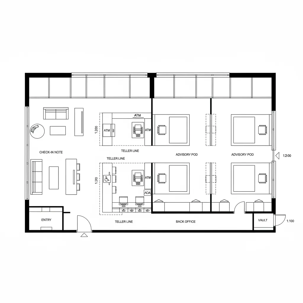 Top-down CAD plan of lobby spine with teller bays and advisory pods