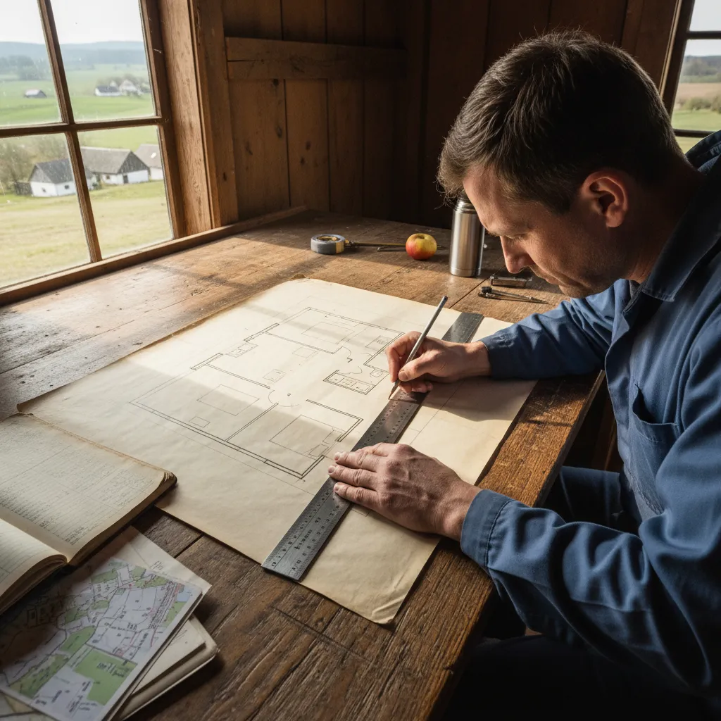 Local draftsman drawing a basic house plan sketch on paper