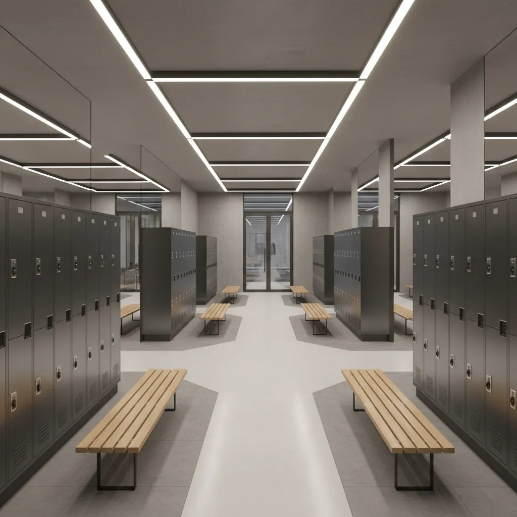 Angled locker layout reducing direct sightlines in locker room