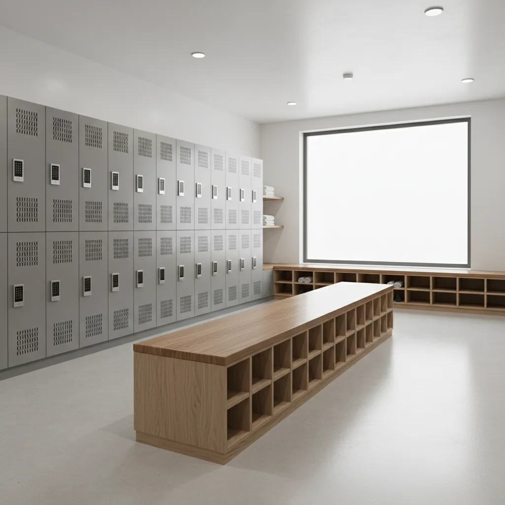 Locker room bench with integrated storage in compact changing room