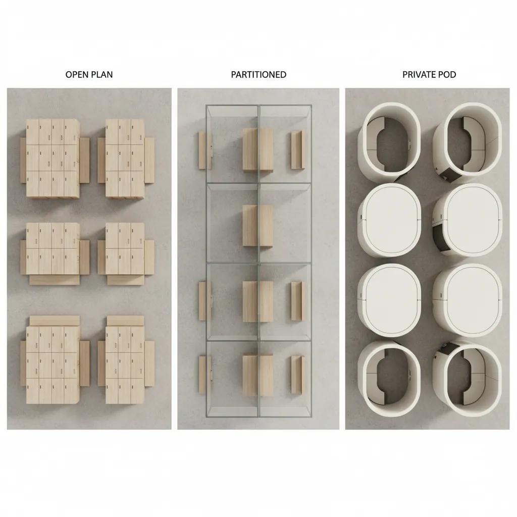Visual comparison diagram of open plan partitioned and private pod locker room layouts