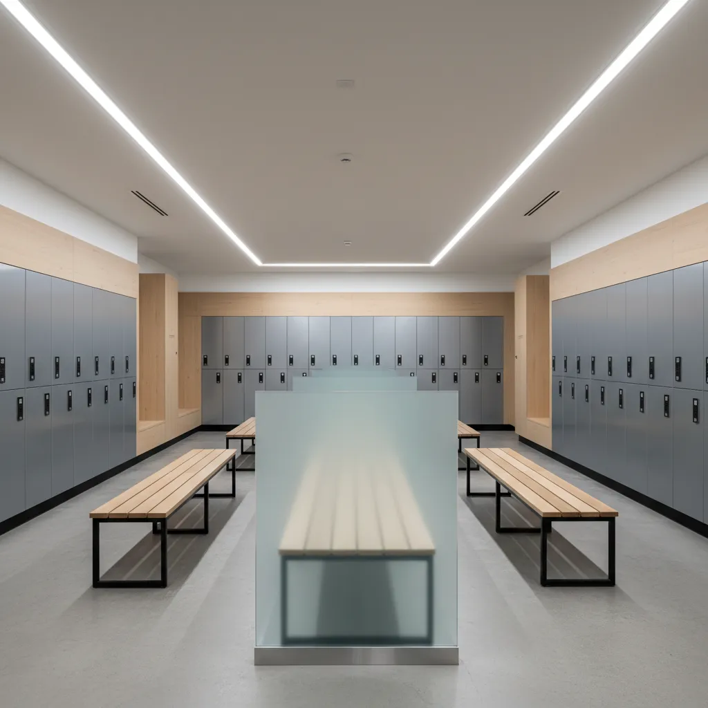 Locker room retrofitted with privacy panels and reoriented benches