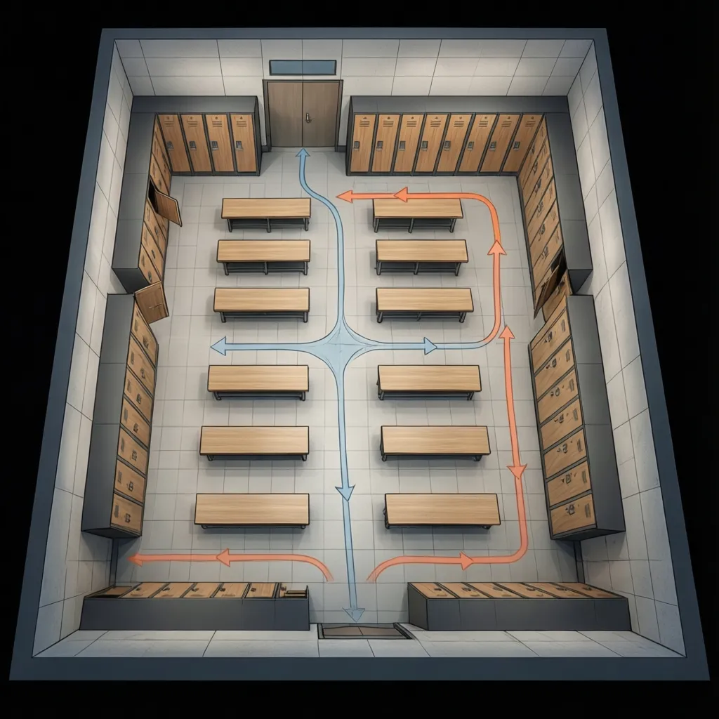 Locker room layout showing circulation paths and sightline exposure zones