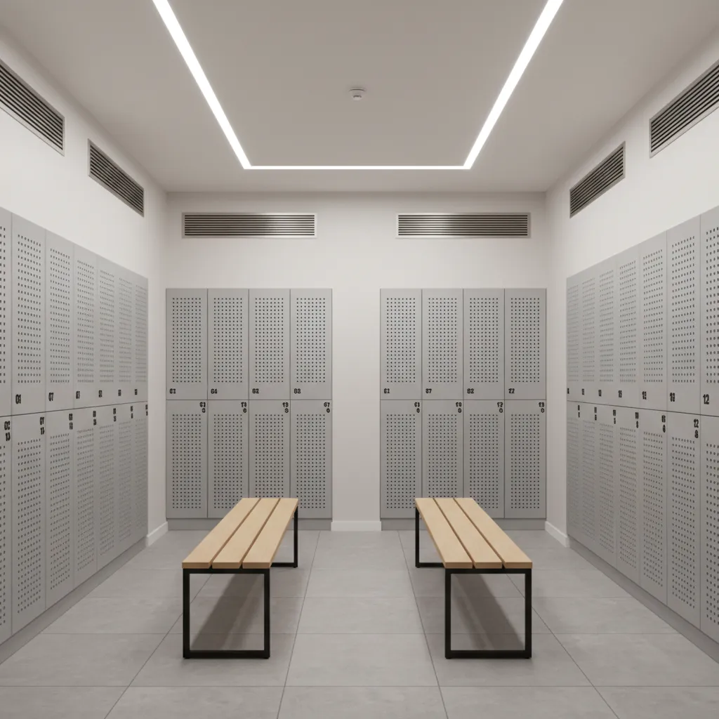 Ventilated locker doors and airflow design in small locker room