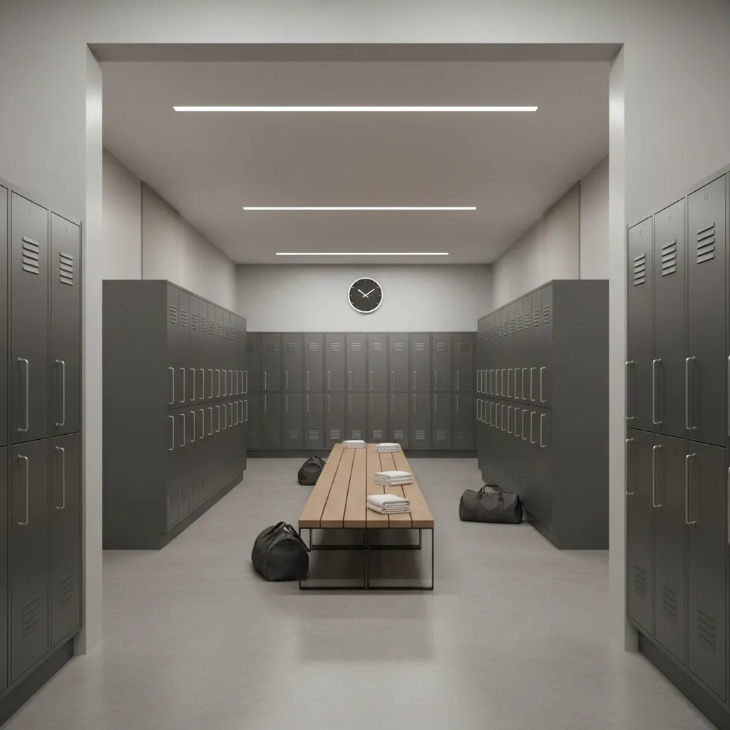 Locker room entrance showing direct sightline toward changing benches
