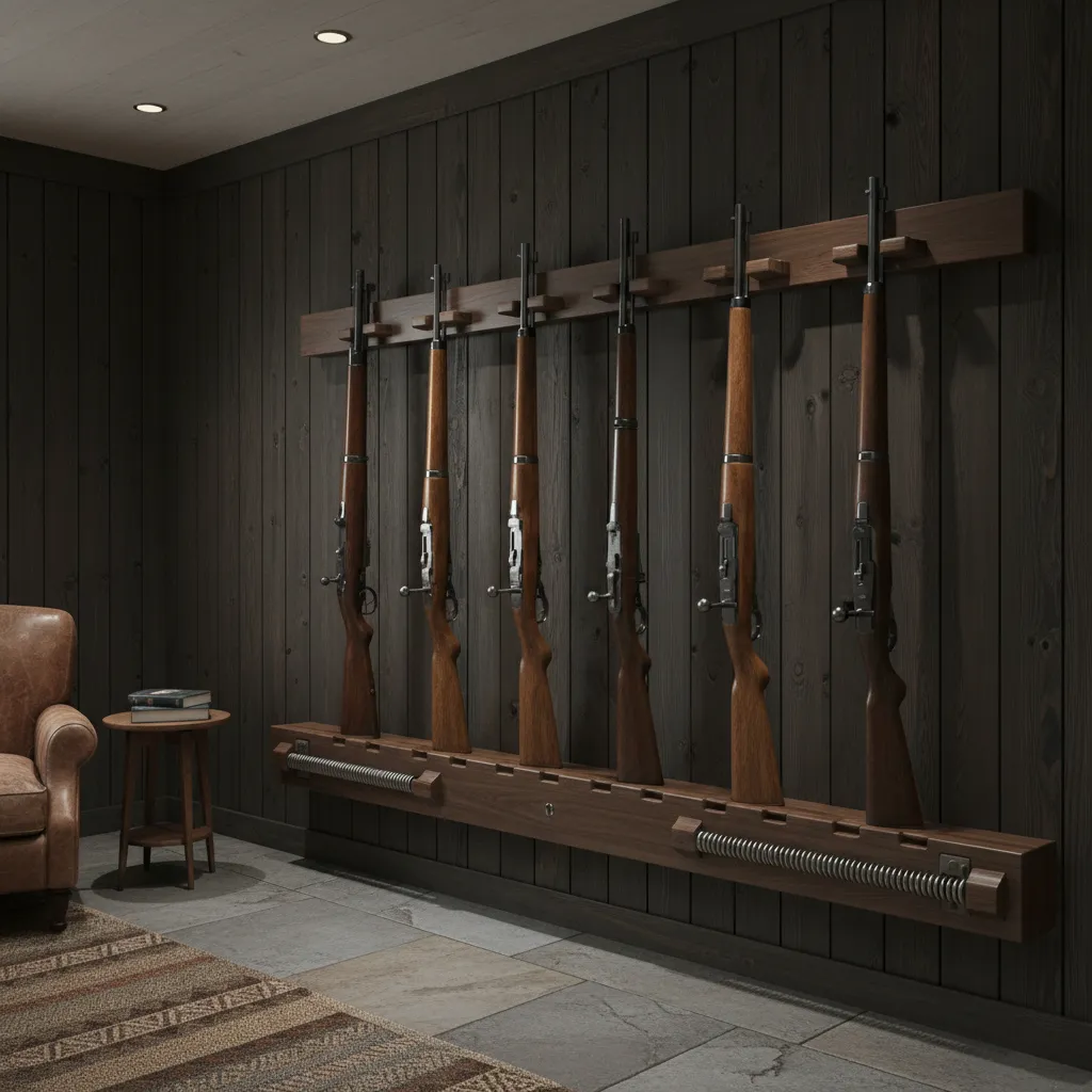 Wall mounted rifle display with hidden locking bars for secure firearm storage