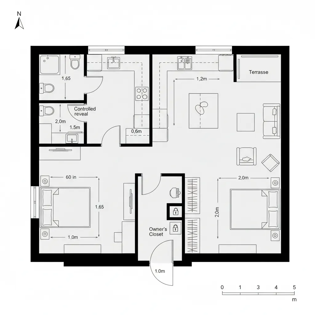 Top-down CAD plan of a lock-off suite with shared vestibule and privacy corridors