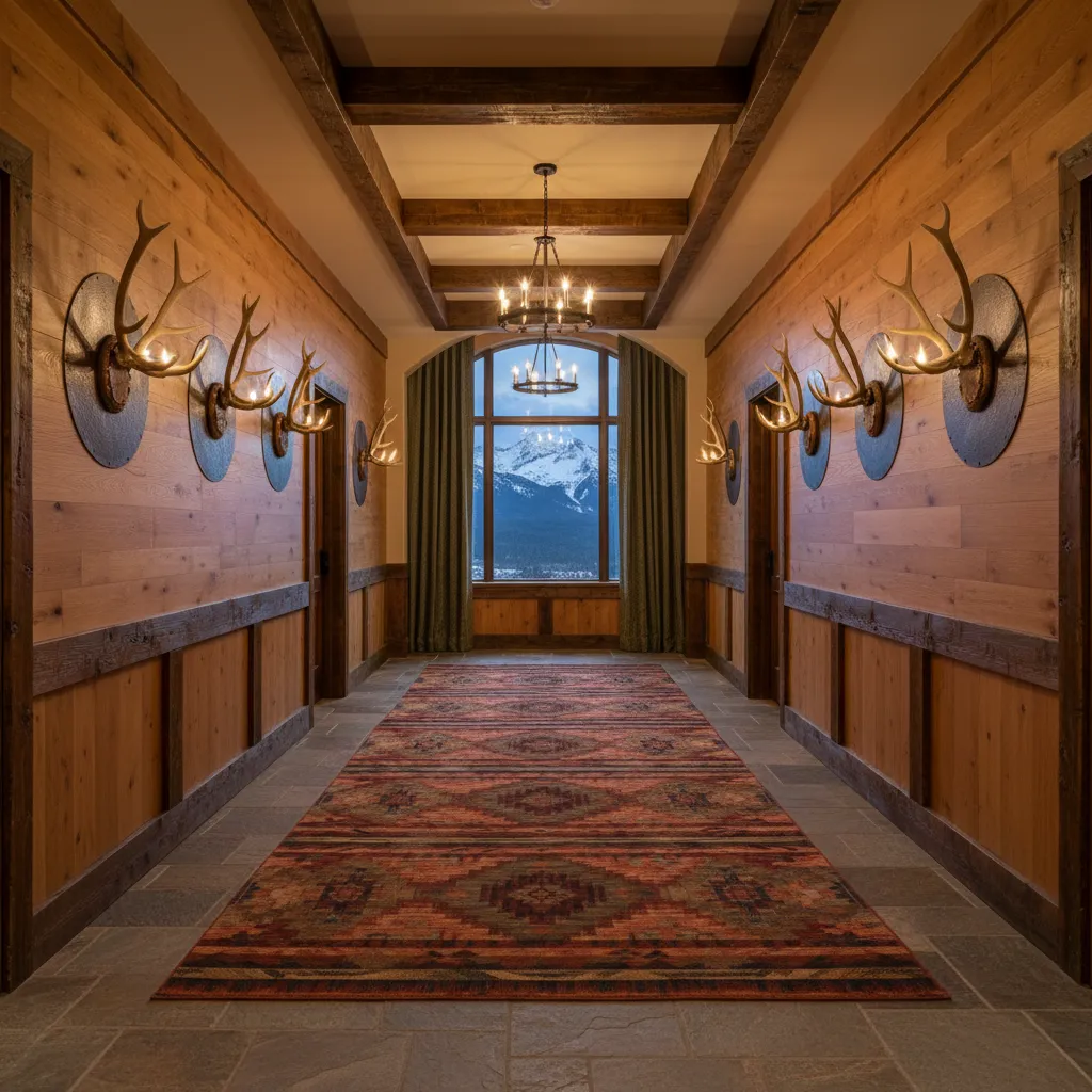 Hotel corridor wall installation featuring decorative elk antlers