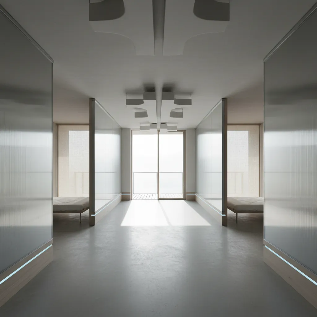 Modern minimalist hallway design featuring white walls glass partitions ceiling lights and a balcony door