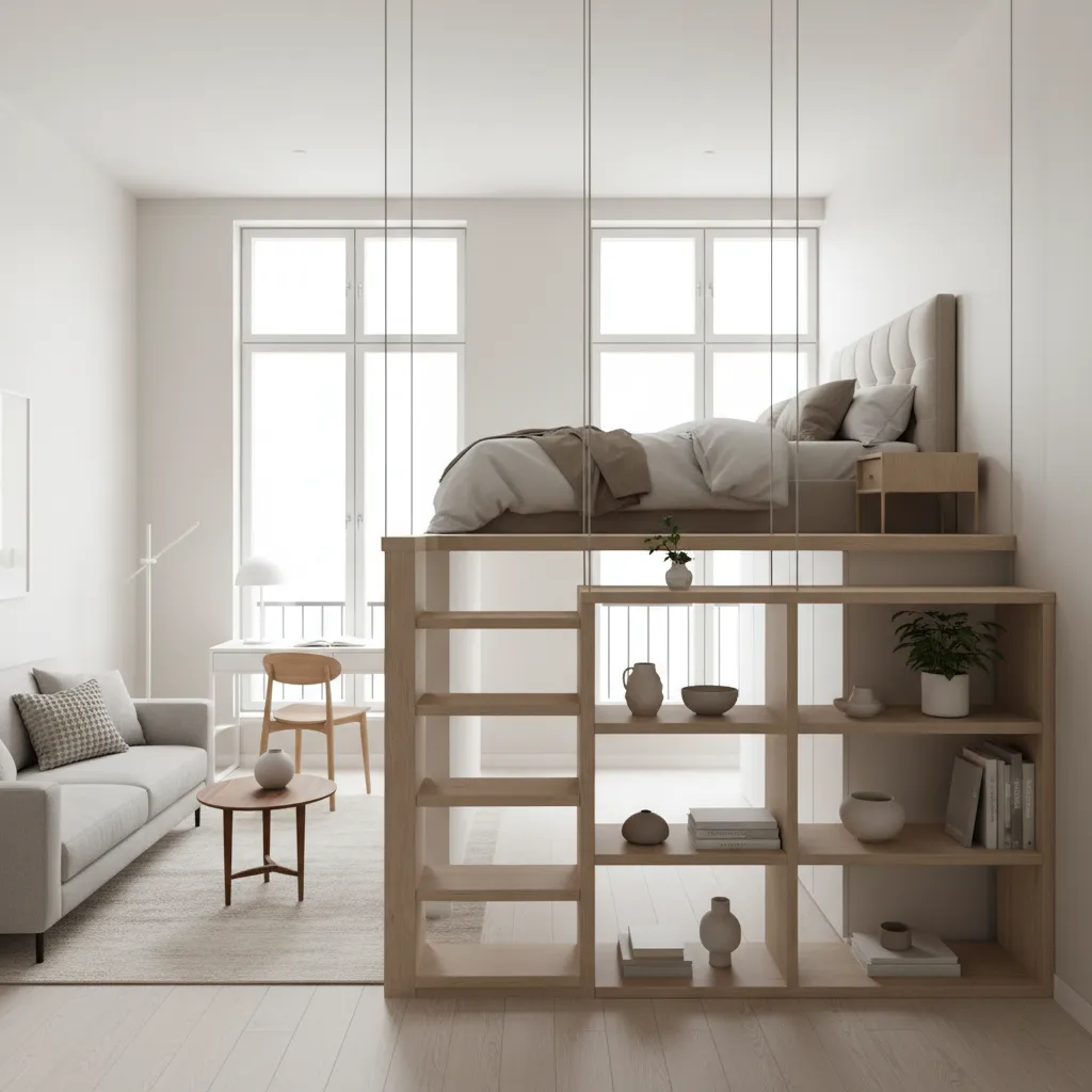 Loft pequeño dividido visualmente en zonas con alfombra y estantería abierta