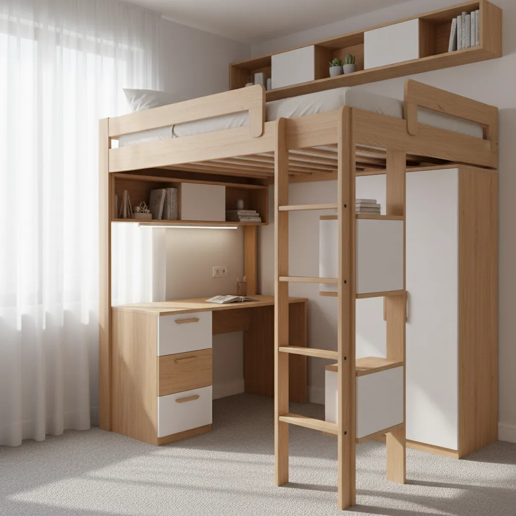 loft bed with desk underneath in a tiny bedroom layout