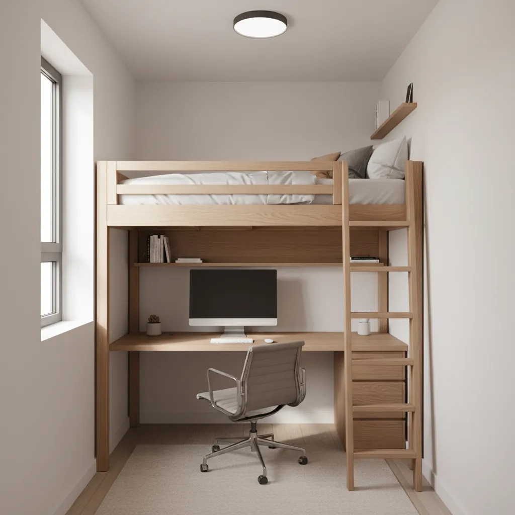 Wooden loft bed above a desk with computer monitor chair ladder and a bright window