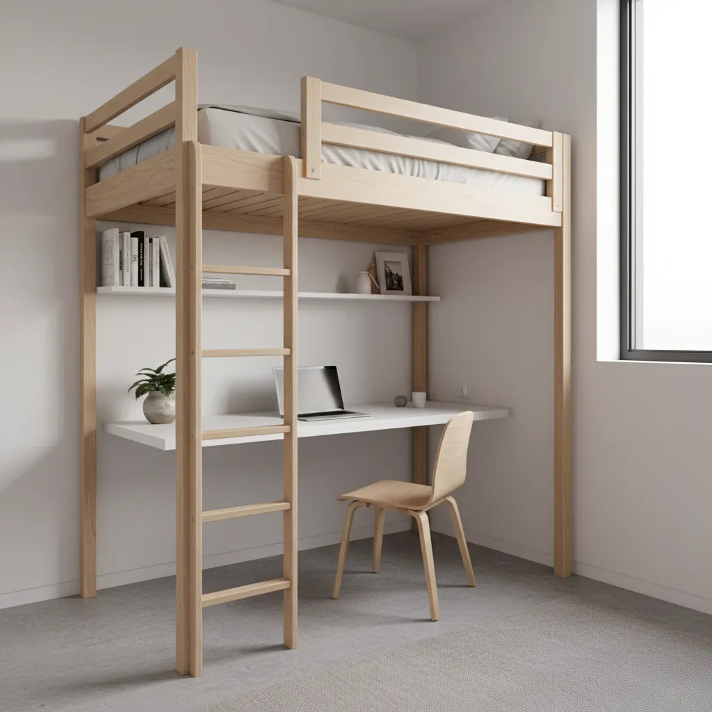 Light wood loft bed with white desk underneath plus laptop and a simple wooden chair