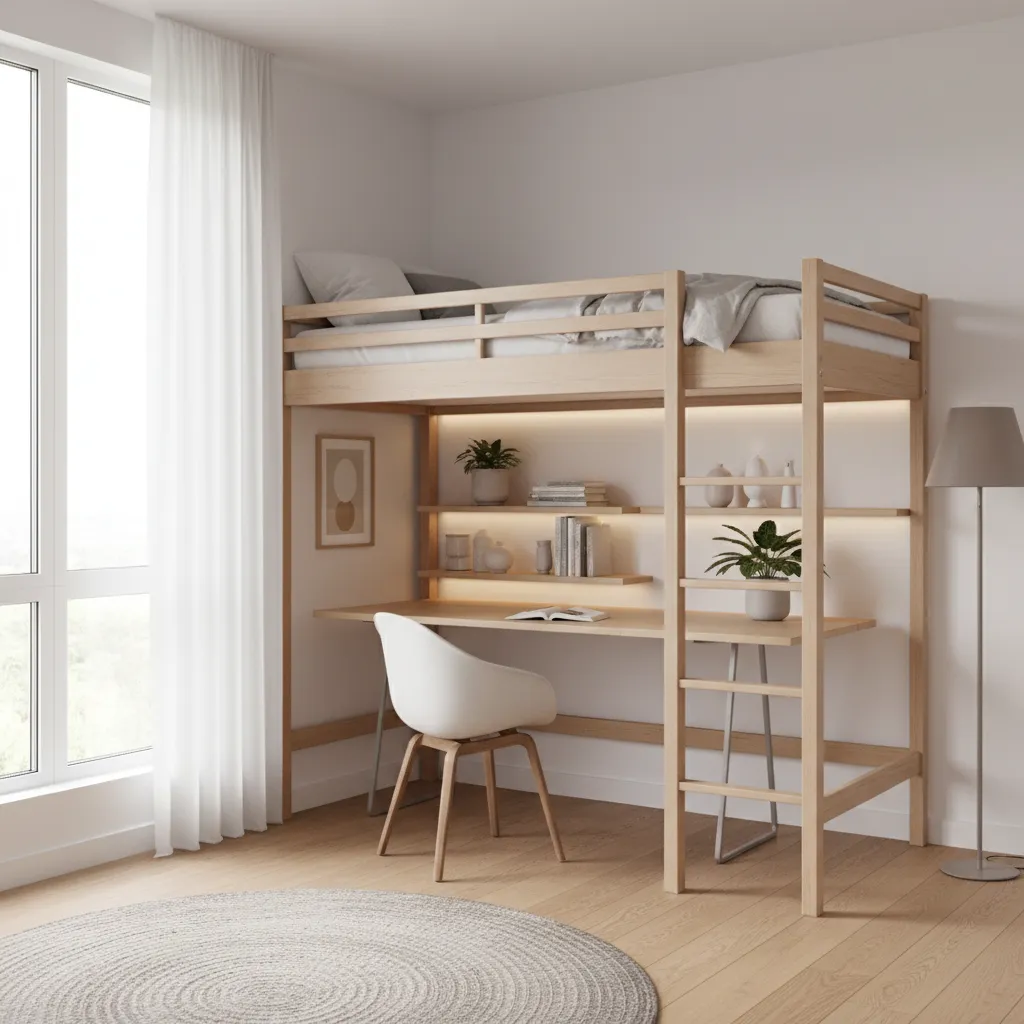 Loft bed with desk underneath in compact bedroom