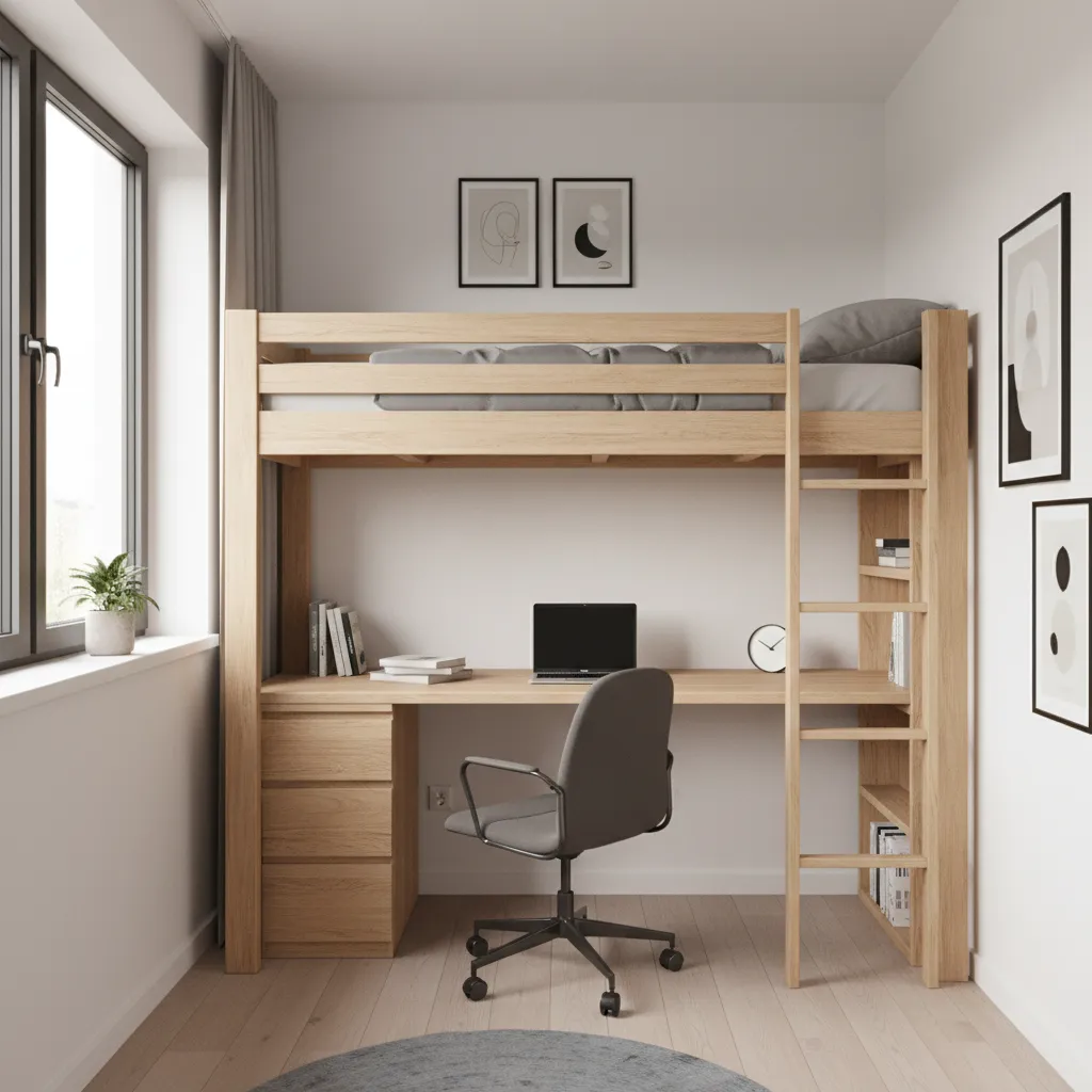 Wooden loft bed with desk laptop chair ladder wall art and a large bright window