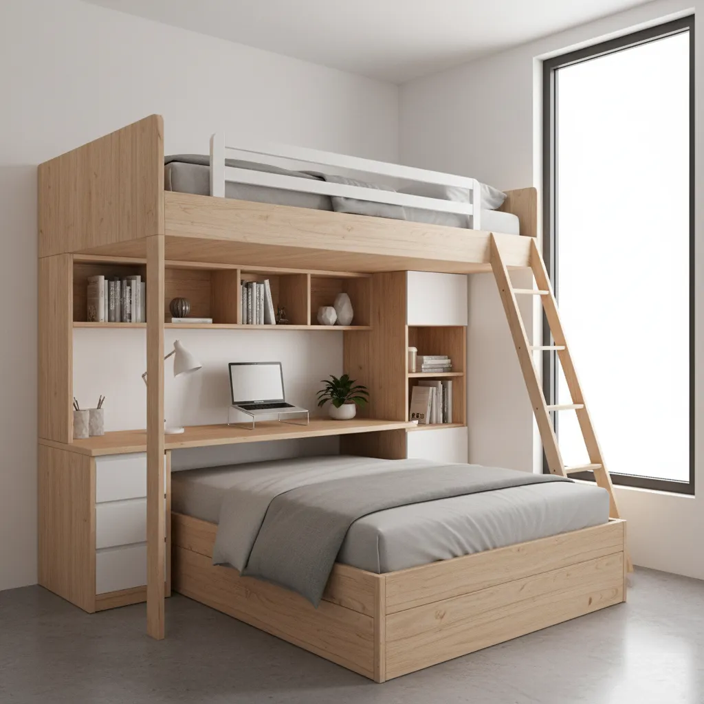 loft bed with desk workspace underneath in a small bedroom