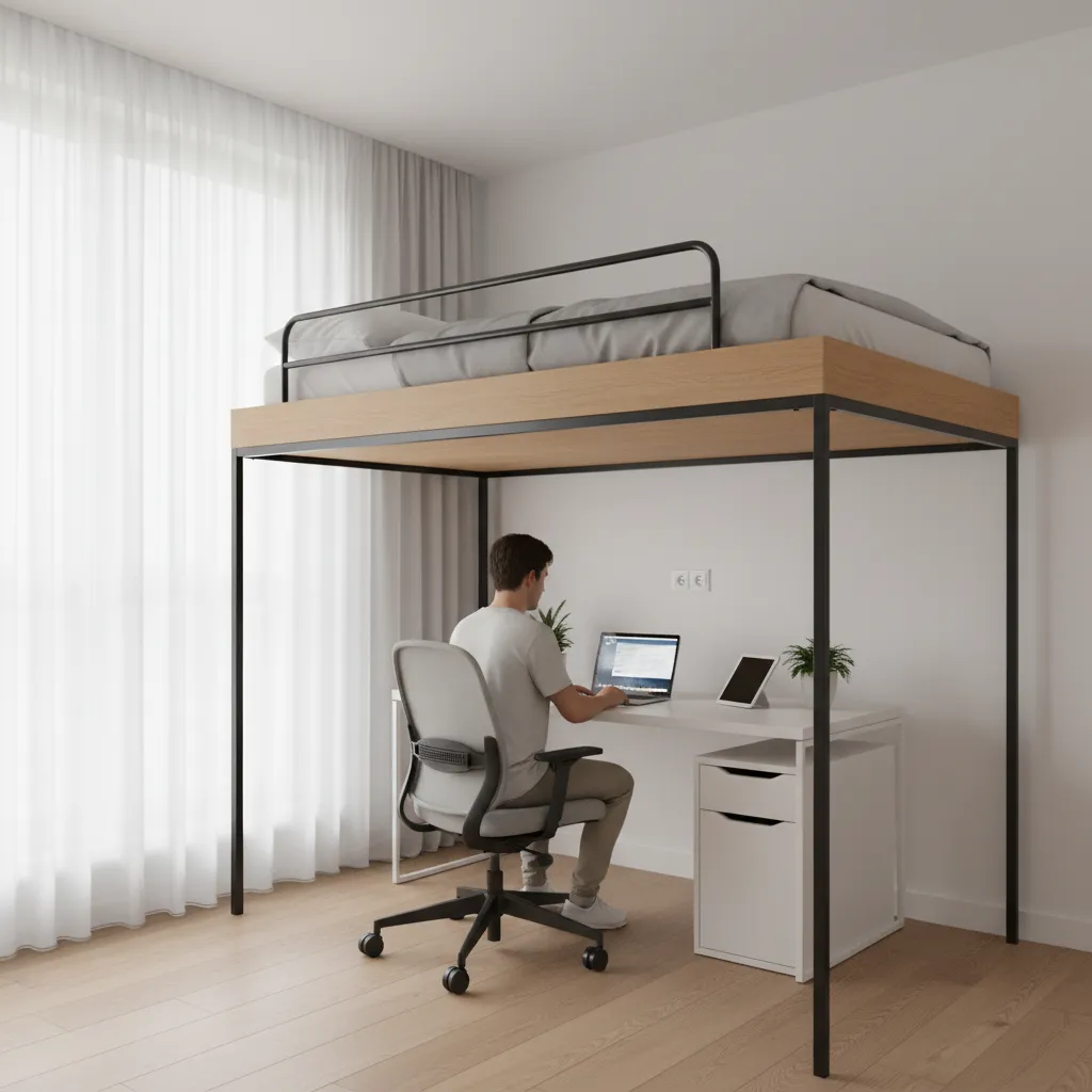 Man working on laptop at desk under a tall loft bed with large white curtains