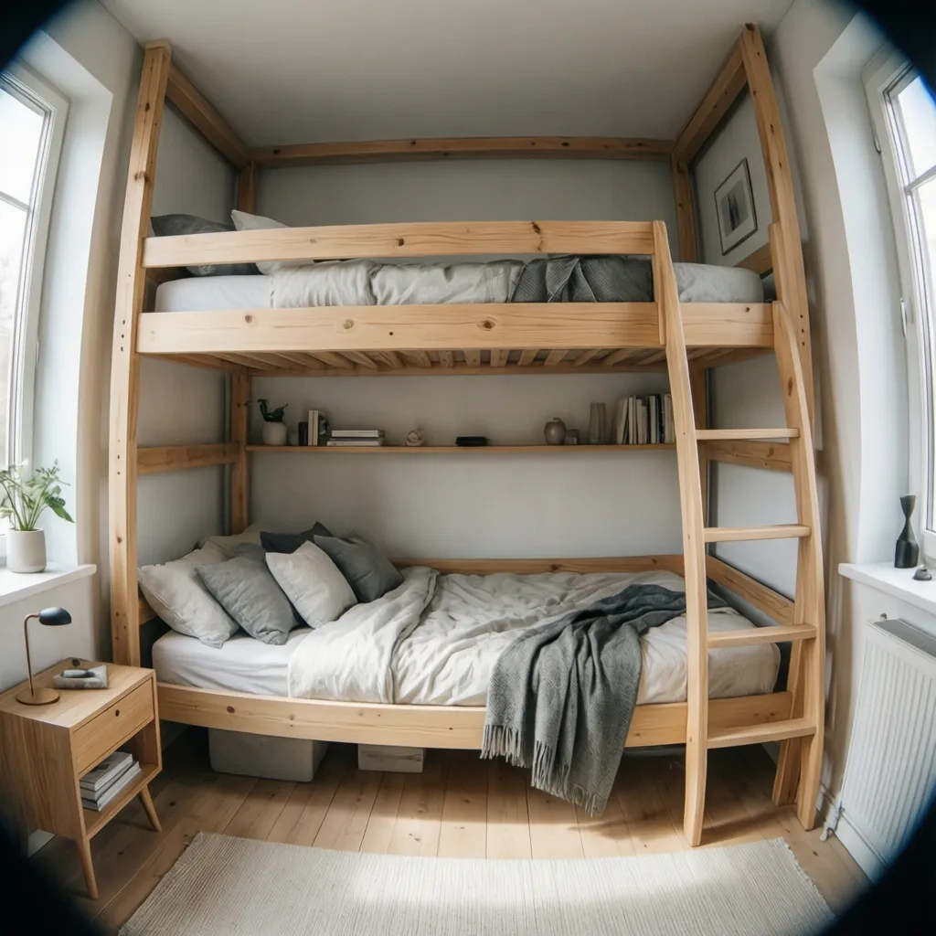 Cama alta con estructura ligera en dormitorio pequeño