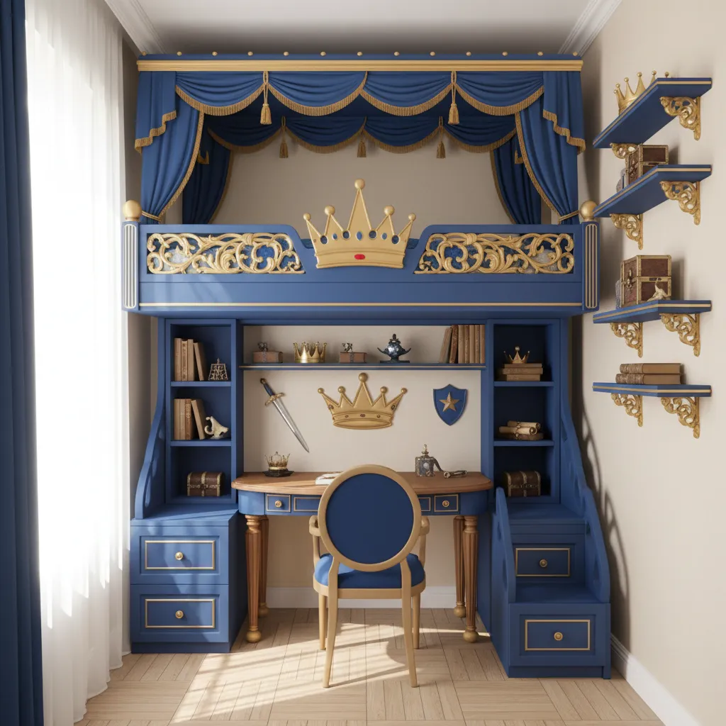 Prince themed loft bed with desk underneath for small bedroom