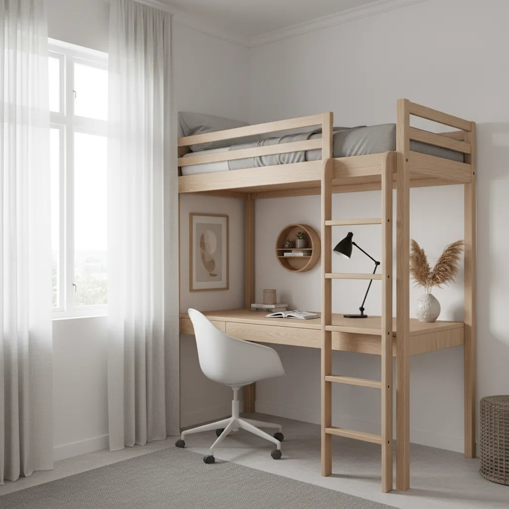 Loft bed with desk underneath in a small bedroom