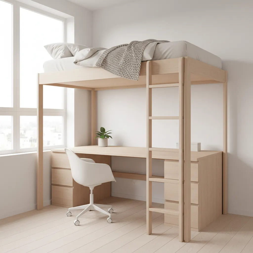 Wooden loft bed with desk and white chair underneath next to large window in room