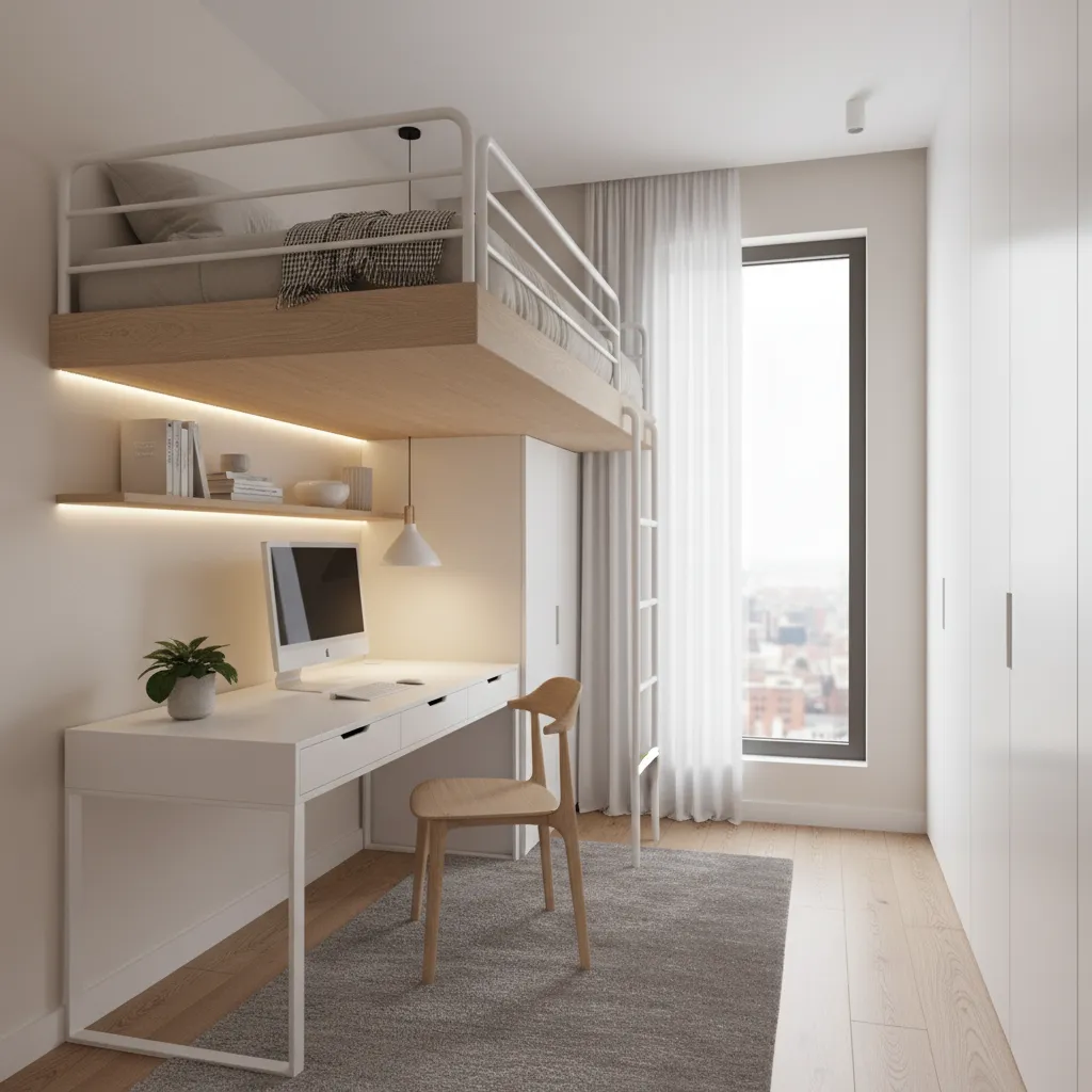 Habitación pequeña con cama alta y escritorio debajo