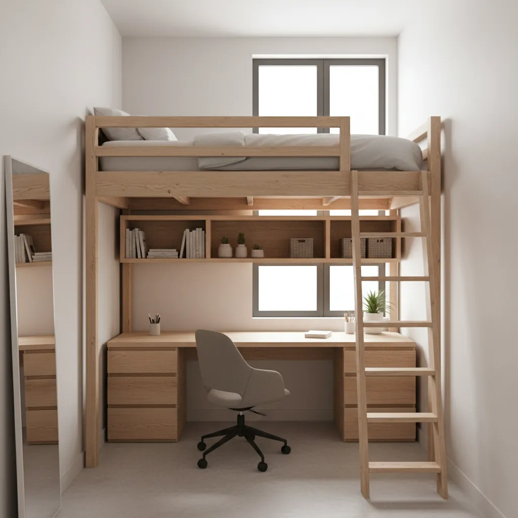 loft bed with desk and storage underneath in a tiny bedroom