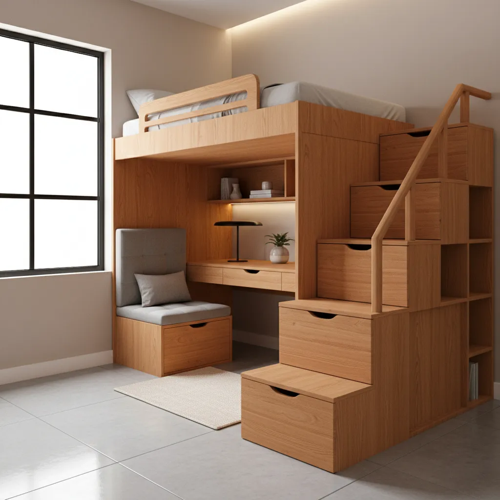 Cama alta con almacenamiento integrado en escalera