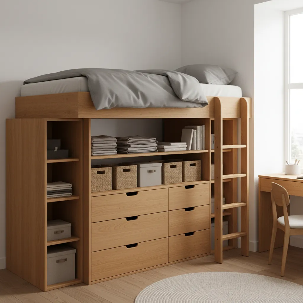 Loft bed with built in storage drawers and shelves underneath in a small bedroom
