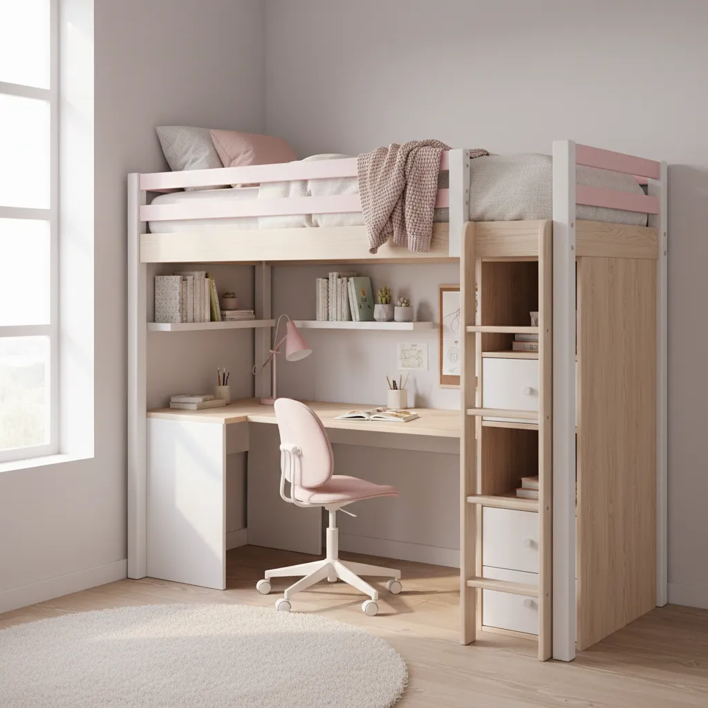 Loft bed with desk underneath in a small girls bedroom