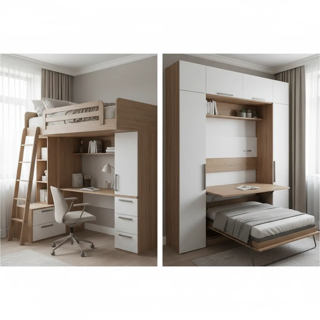 Side by side comparison of a wood loft bed and a white folding wall bed