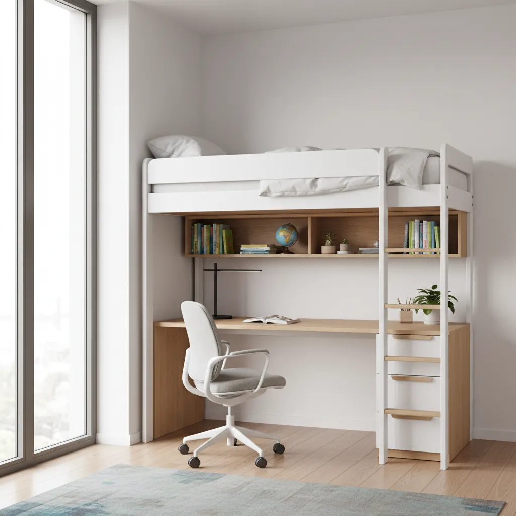Kids loft bed with desk workspace underneath in small bedroom