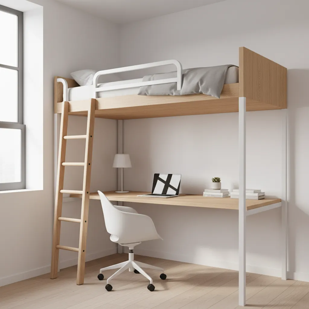 loft bed with desk underneath in compact bedroom layout