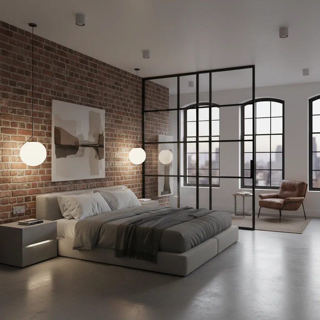 loft bedroom separated by black steel framed glass partition