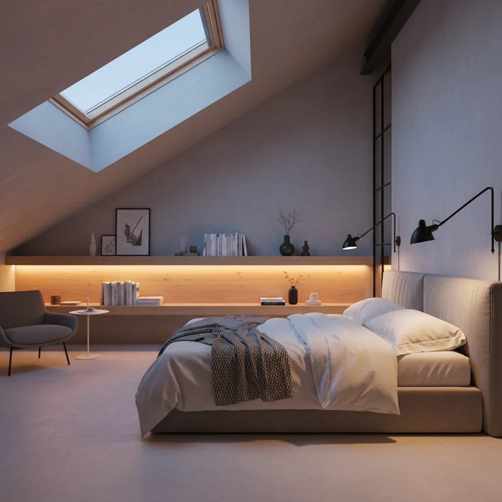 layered lighting design in small loft bedroom