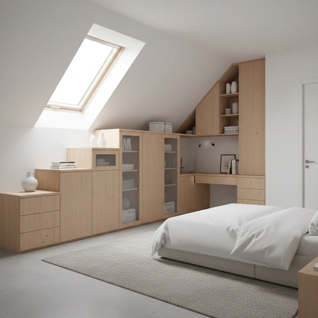 built in storage cabinets under sloped loft bedroom ceiling