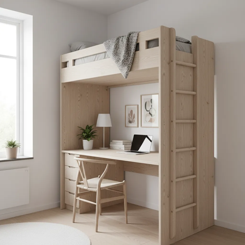 loft bunk bed with desk underneath in compact bedroom
